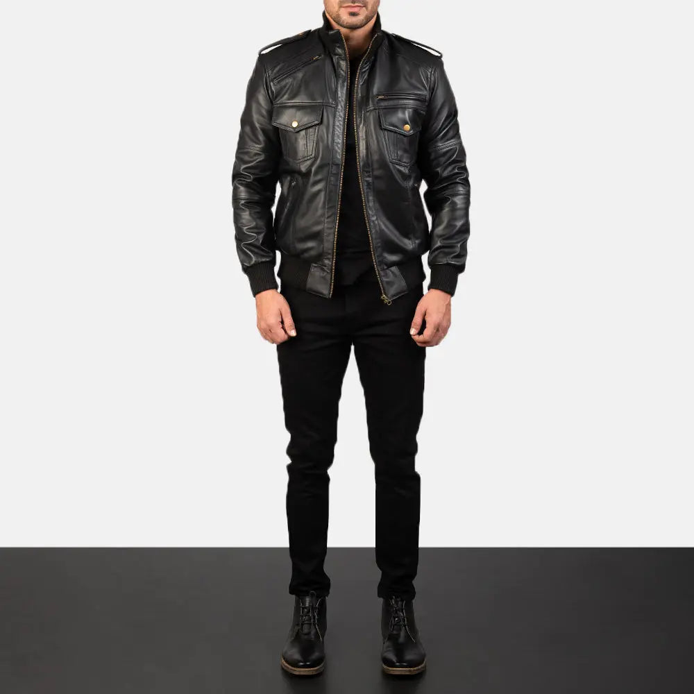Black Leather Bomber Jacket