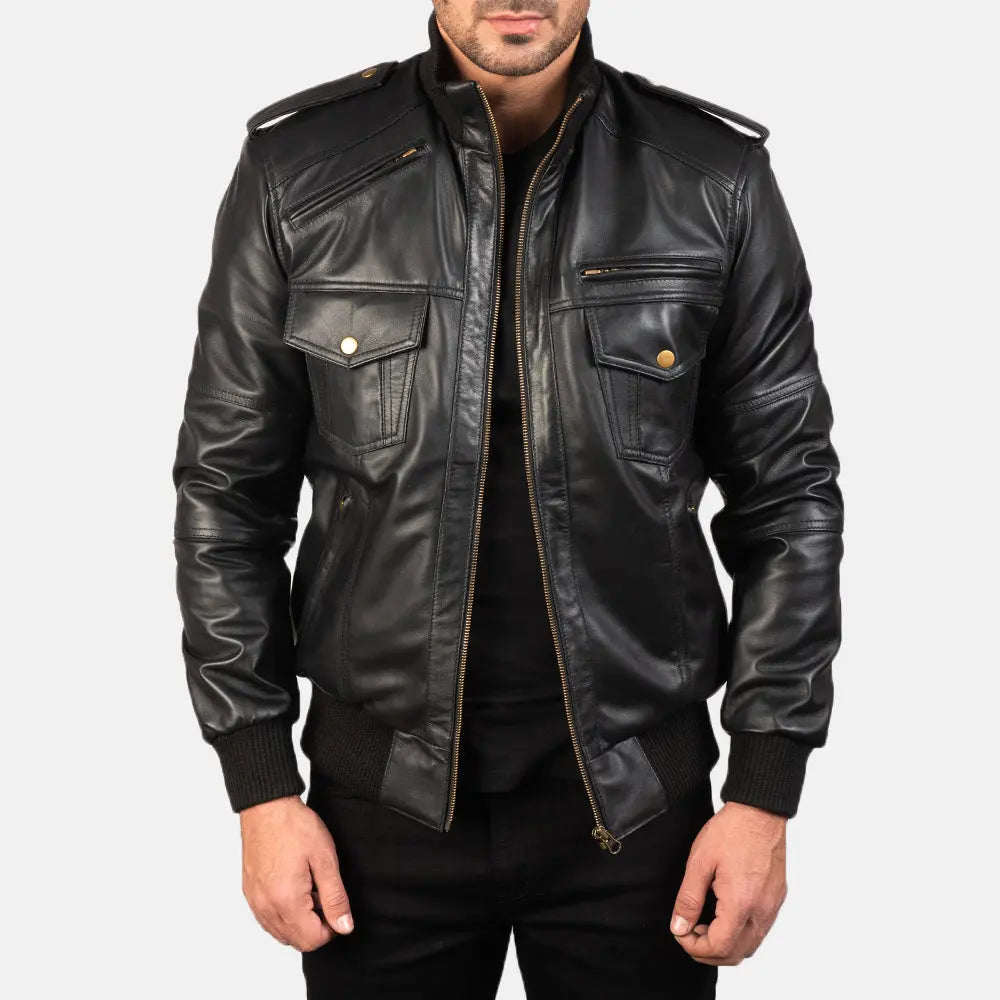 Black Leather Bomber Jacket