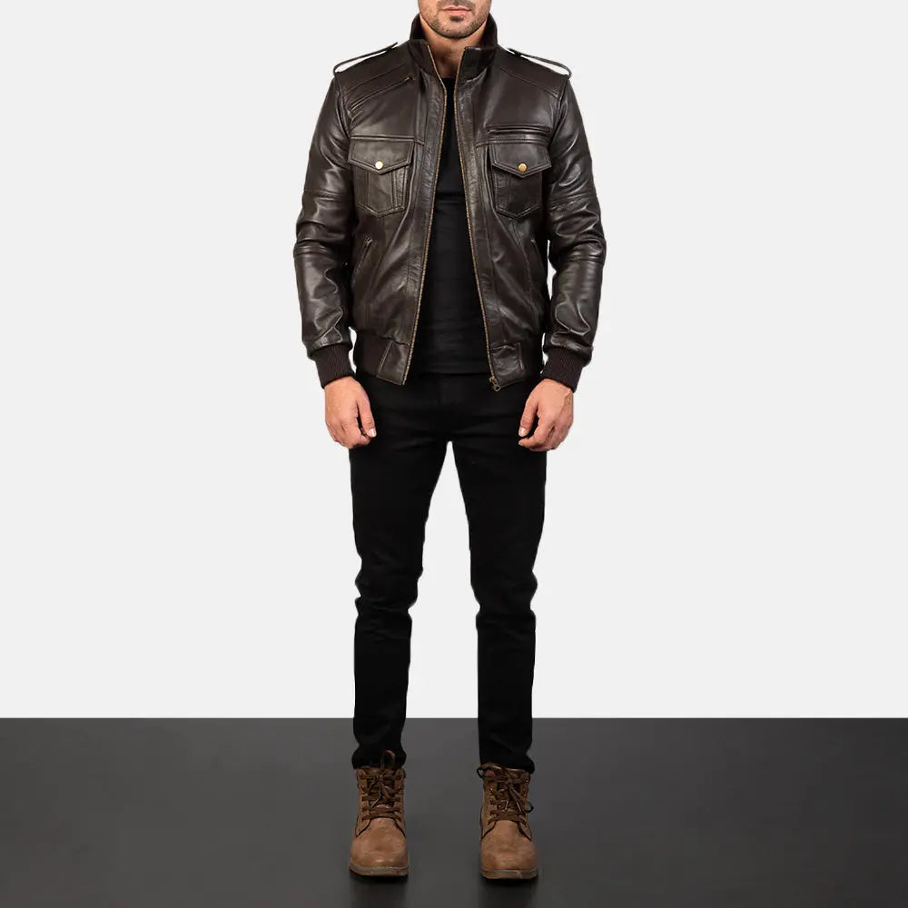 Brown Leather Bomber Jacket
