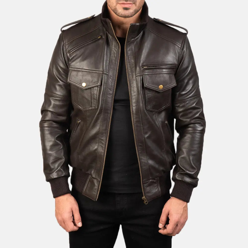 Brown Leather Bomber Jacket