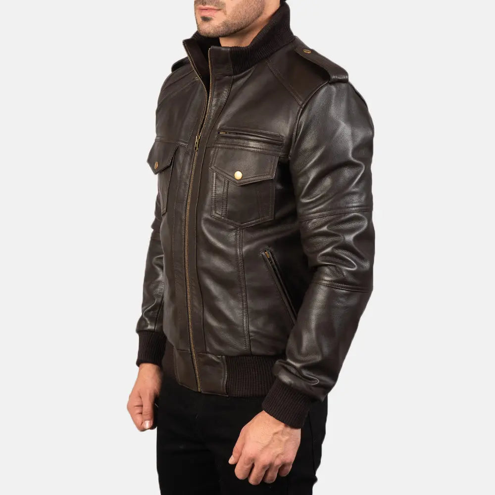 Brown Leather Bomber Jacket