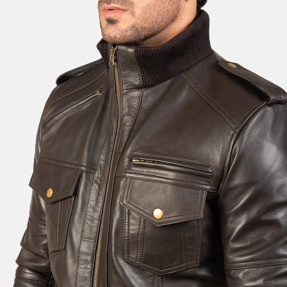 Brown Leather Bomber Jacket