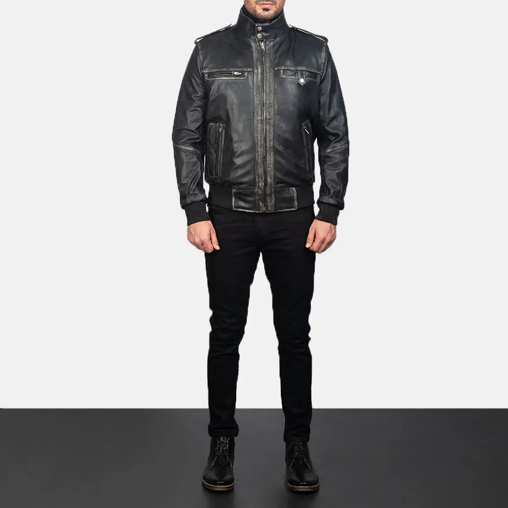 GlenS Black Leather Bomber Jacket