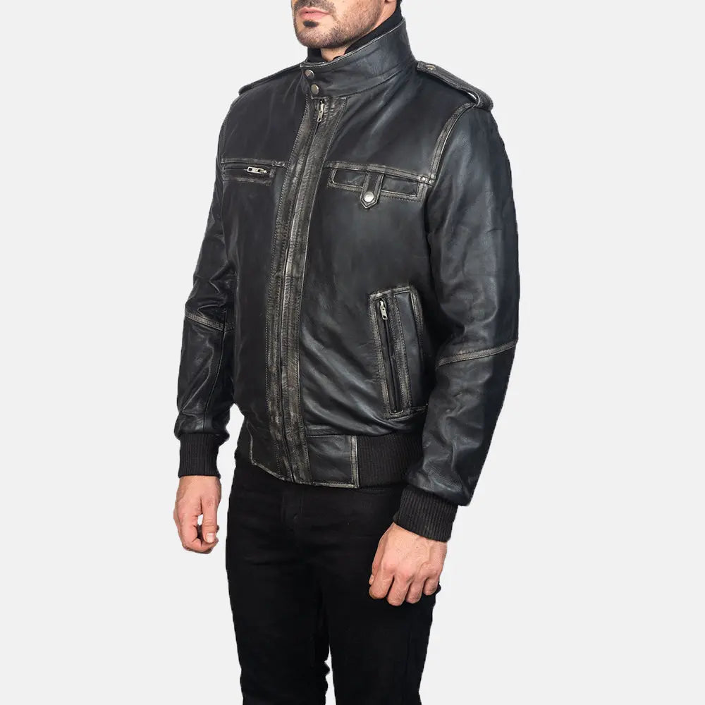 GlenS Black Leather Bomber Jacket