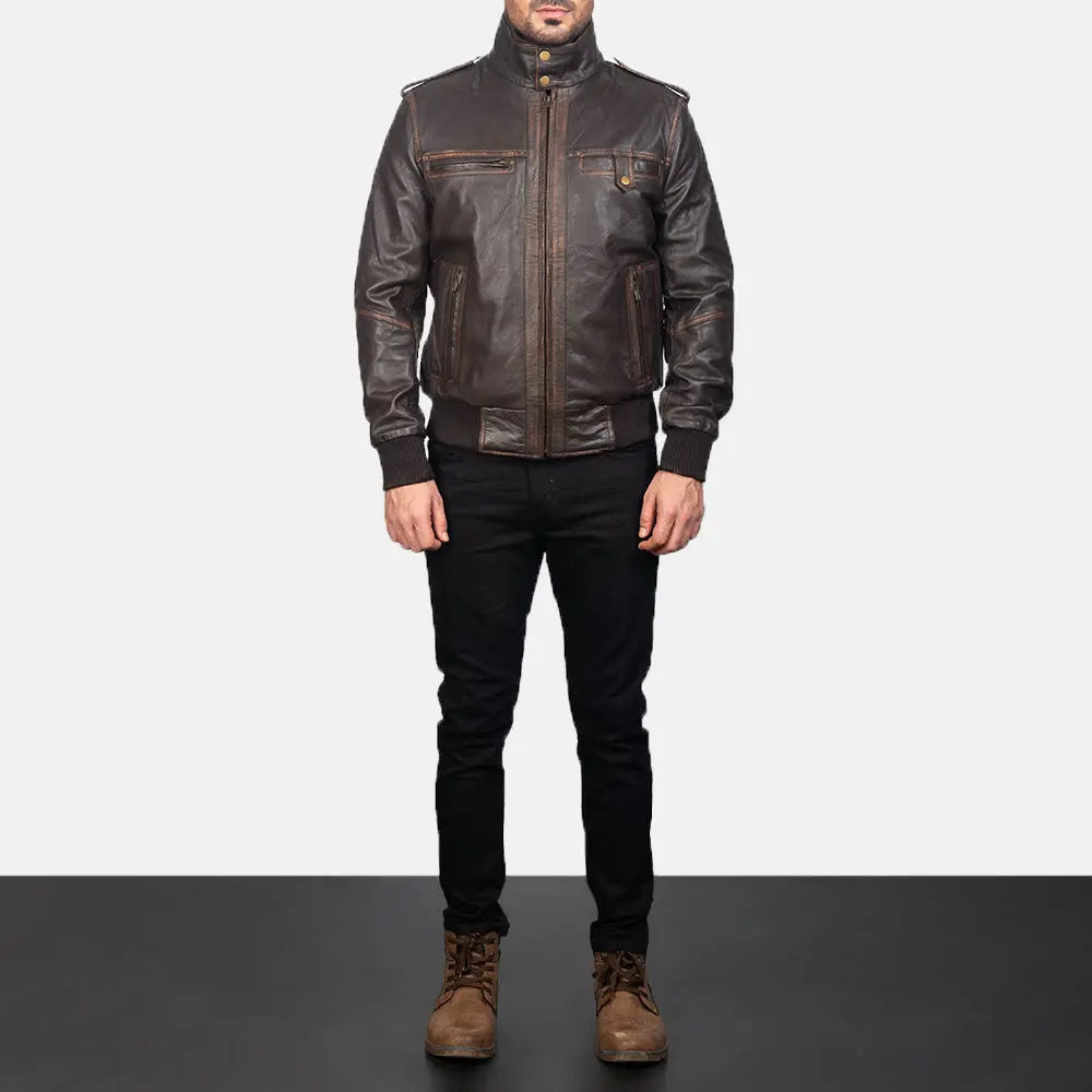 GlenS Brown Leather Bomber Jacket