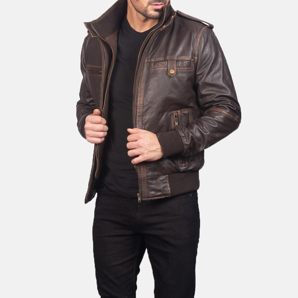 GlenS Brown Leather Bomber Jacket